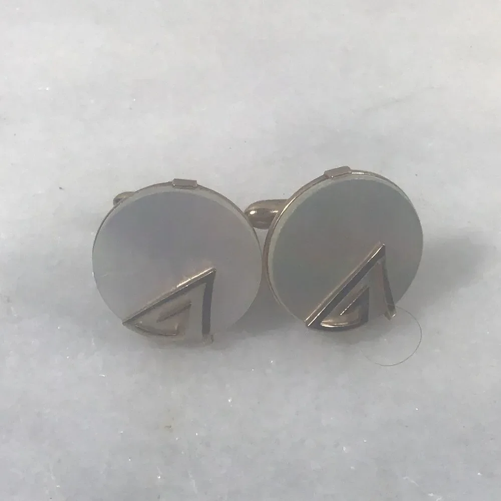 Vintage MCM All Silver Tone Cufflinks - Polished Round Band w/ Chevron Triangle